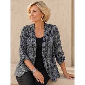 Chico’s Open Front Jacket Size XL Black White Lightweight 3/4 Sleeve Blazer